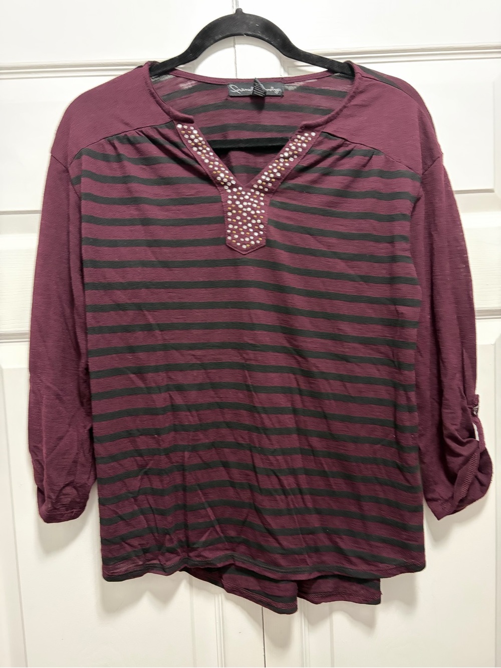 French Laundry Striped Stud-Trim scrunch Sleeve Top M